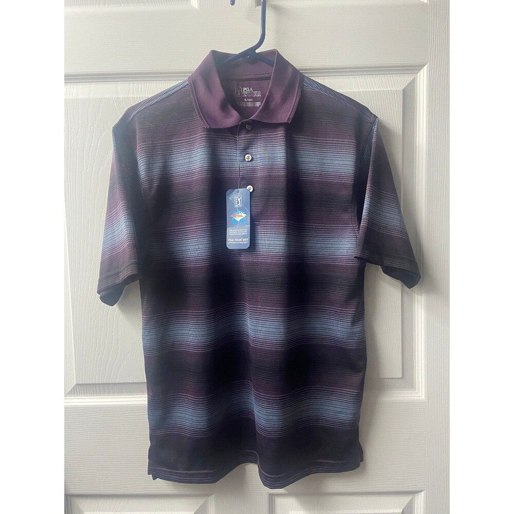 PGA TOUR Mens Athletic fit Short Sleeve Polo Shirt Small Purple Striped NWT